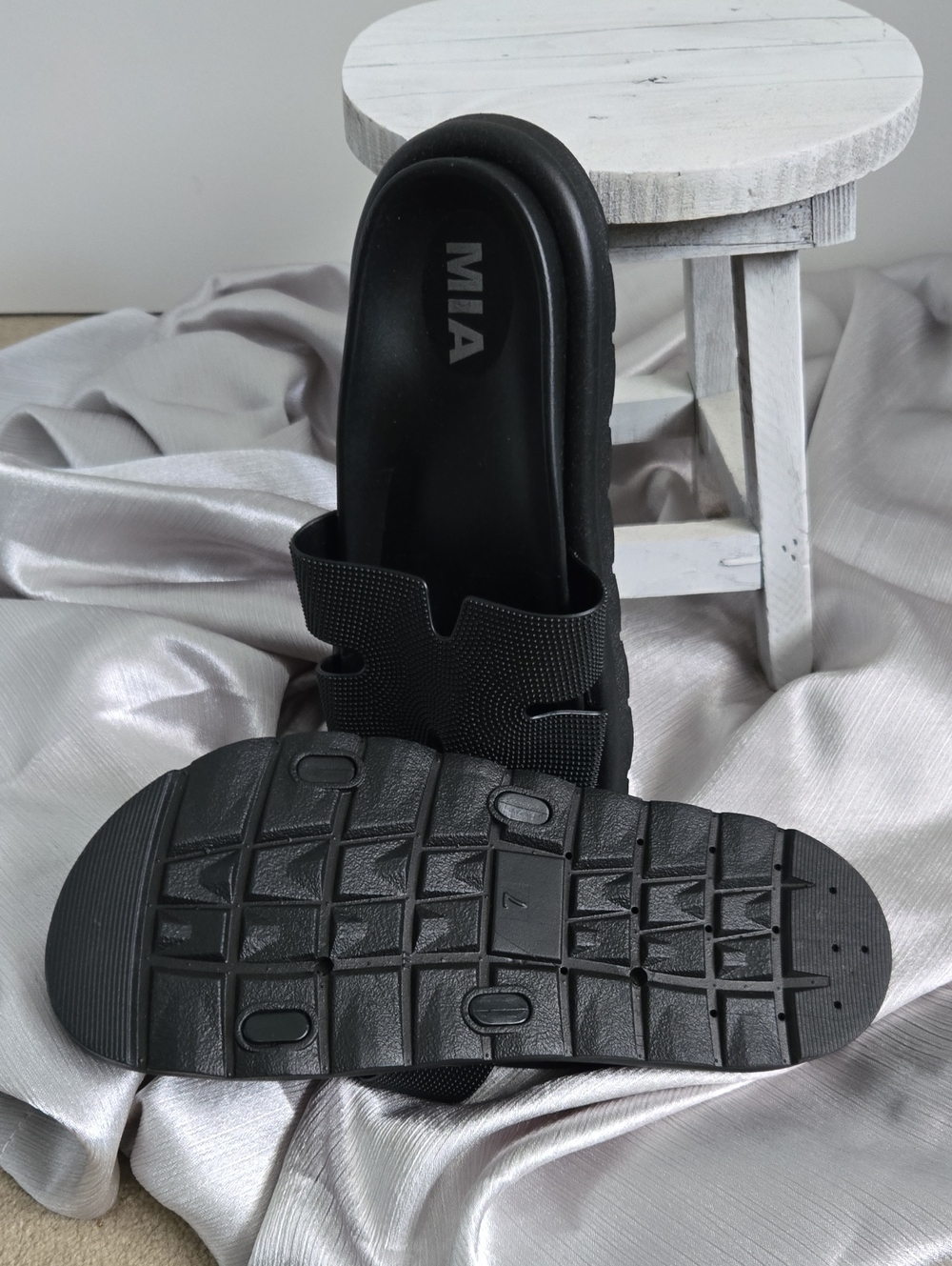 MIA Black Chunky Slide Sandals with Textured Strap - Picture 2 of 3
